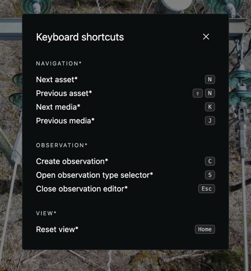The Inspect keyboard shortcuts legend, grouped into navigation, observation and view