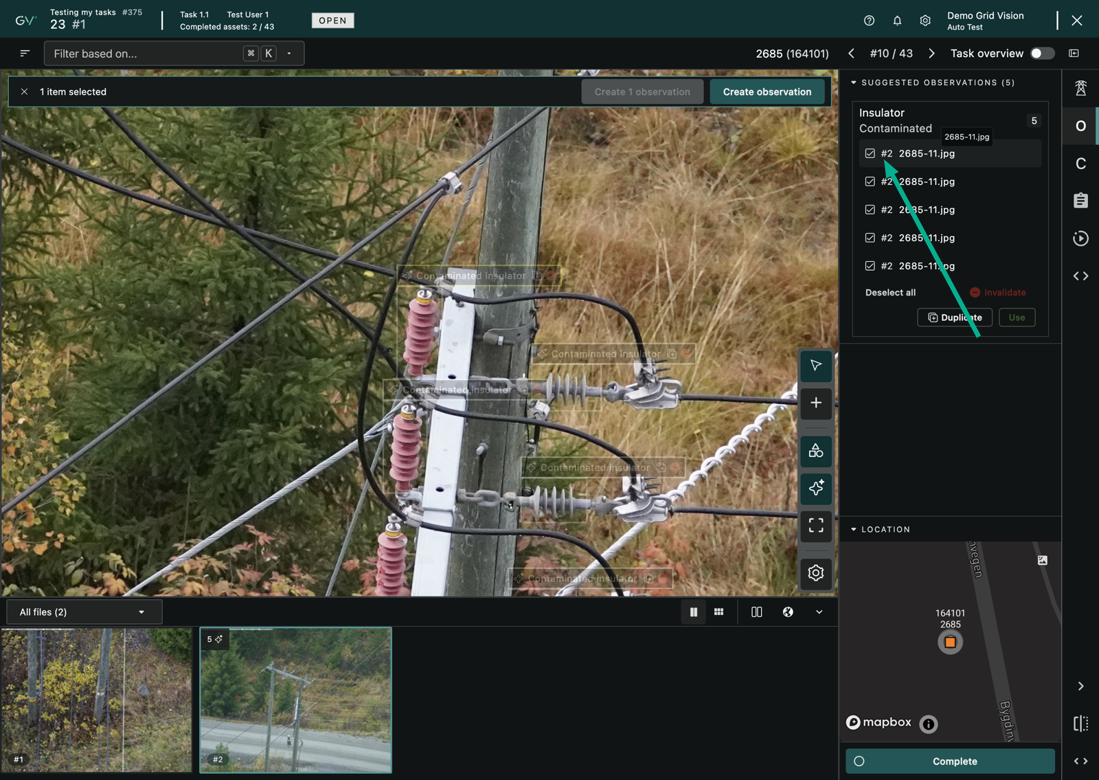 Multi-select with two suggestions selected and Create 1 observation ready