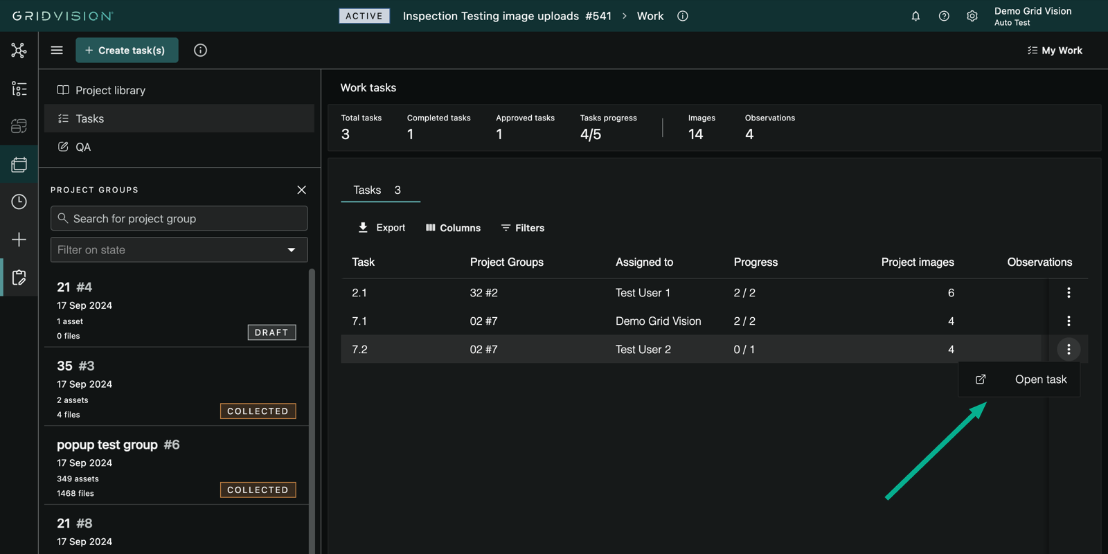 The Work tasks grid with a task row menu open, showing Open task