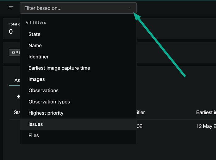 The shared filter menu open from the module bar, showing the available filters