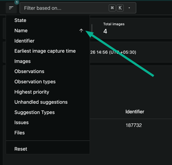 The sort menu open from the module bar, with an active ascending sort and the reset option