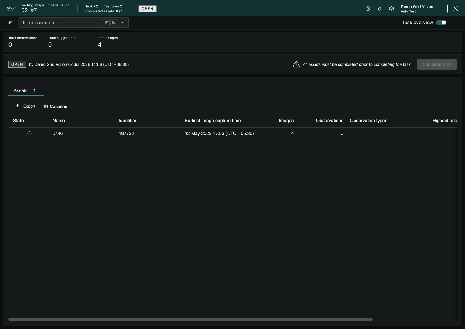 The Inspect task overview, showing the totals row, the status line with Complete task, and the assets grid