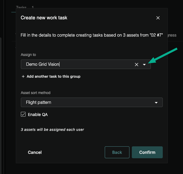 Task details form with assignee, sort method and Enable QA