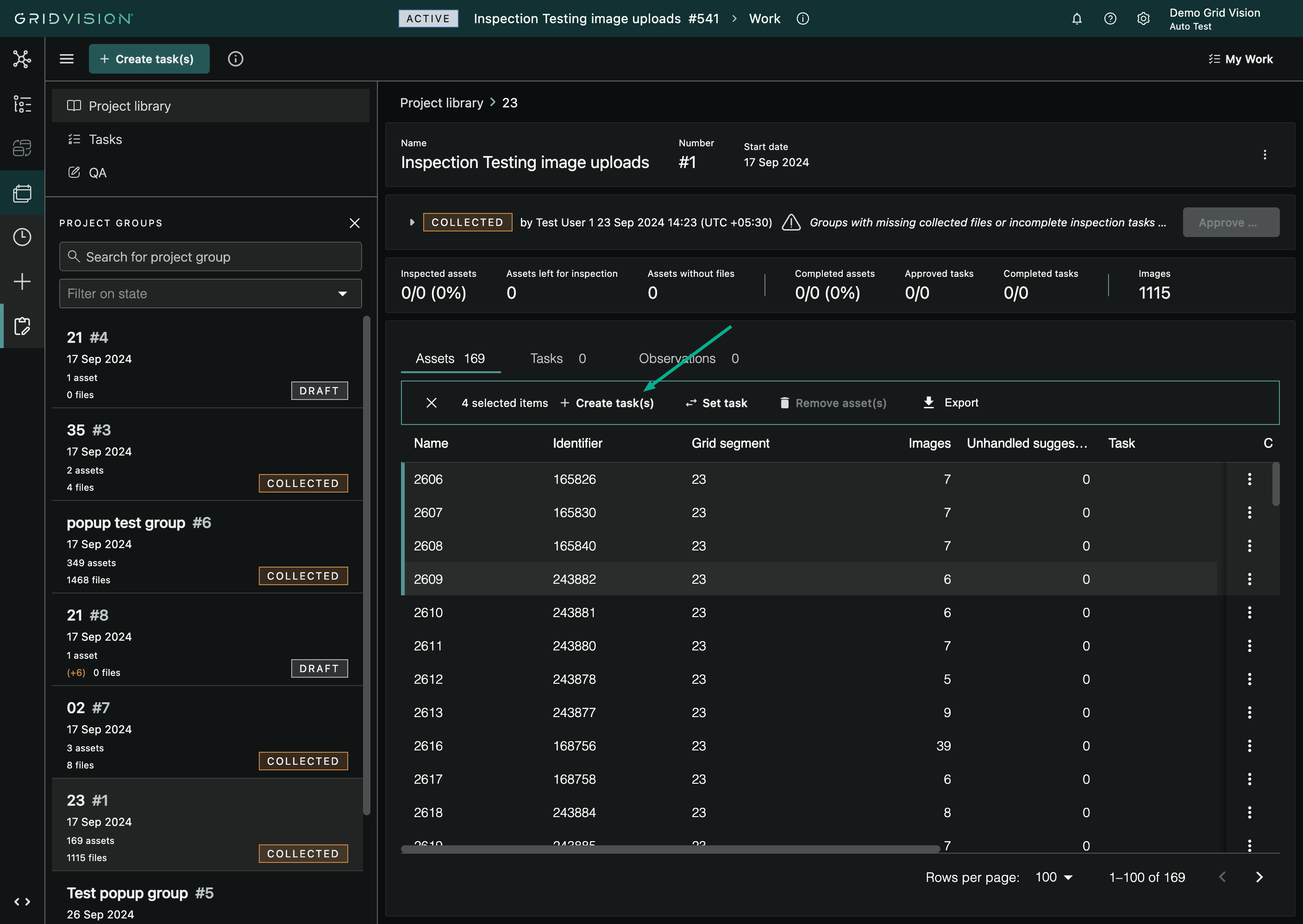 Selected assets with the Create task(s) button on the banner