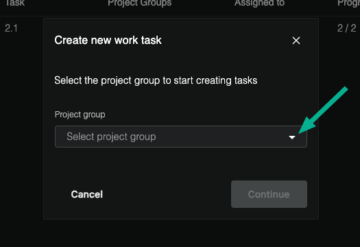 Create task(s) button and project group selection