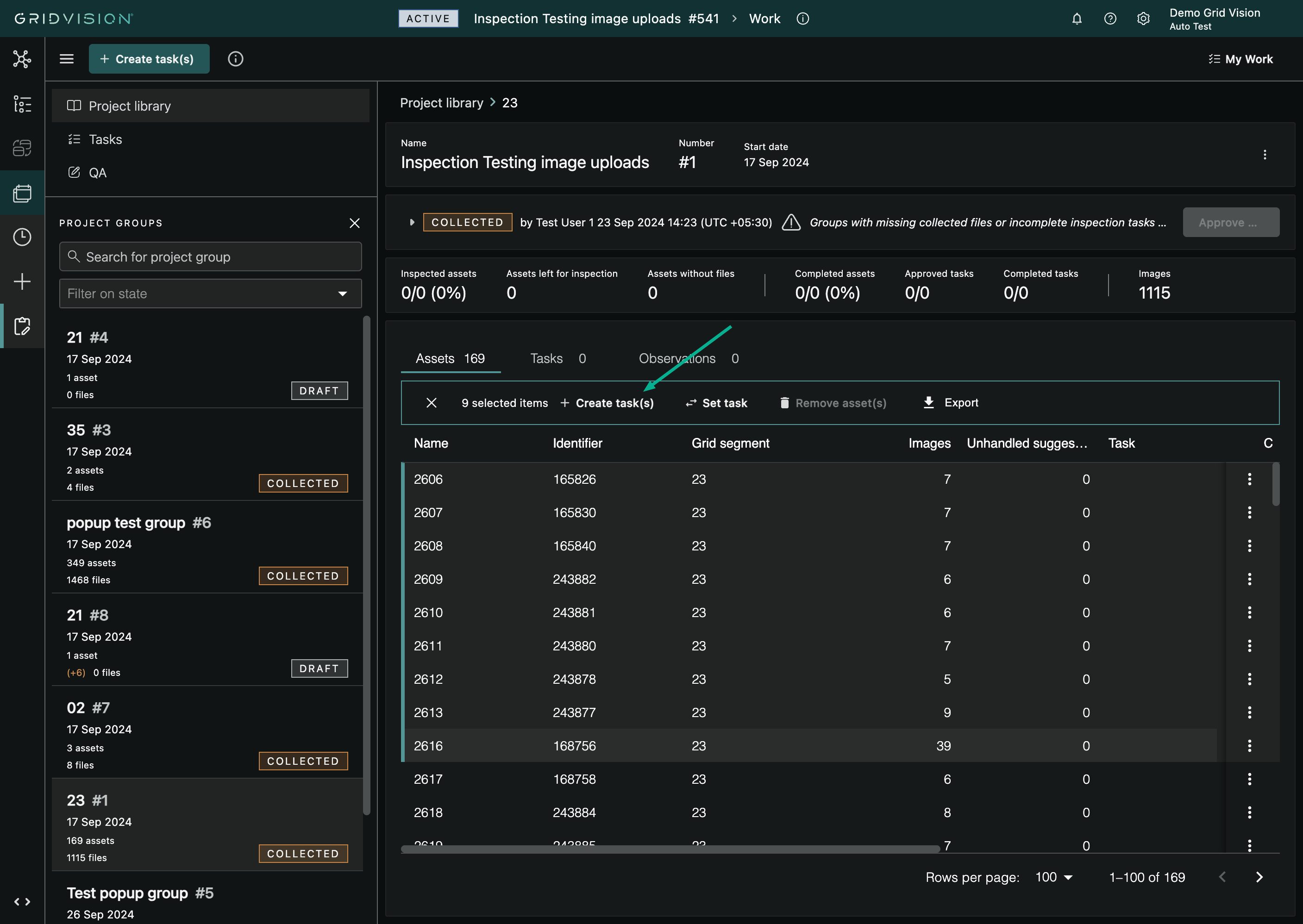 Unassigned assets with the Create task(s) button on the banner