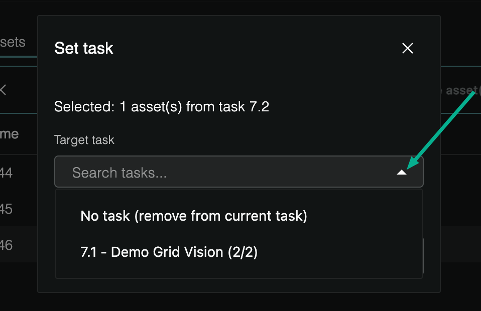 Set task pop-up with the Target task list open