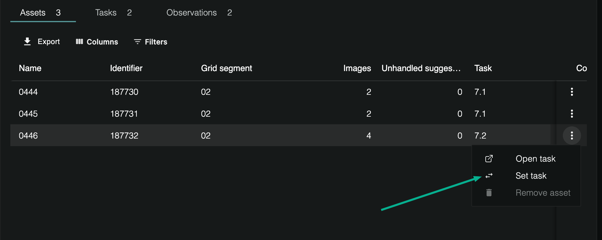 Asset row actions menu with the Set task option