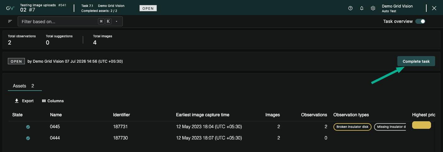 Task overview with the Complete task button